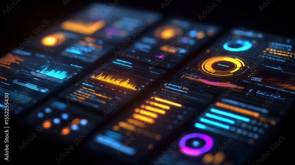 Aufkleber Modern futuristic user interface screen with digital graphs charts data analytics and control panels on dark high-tech background