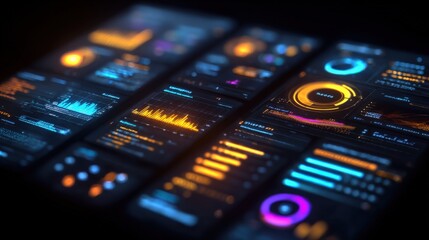 Modern futuristic user interface screen with digital graphs charts data analytics and control panels on dark high-tech background