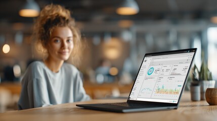 Young woman analyzing financial data on laptop in a modern cafe or coworking space with charts and graphs on screen, casual attire