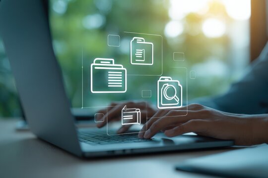 Modern digital workspace with floating file icons on glowing holographic interface for technology, data management, and online collaboration