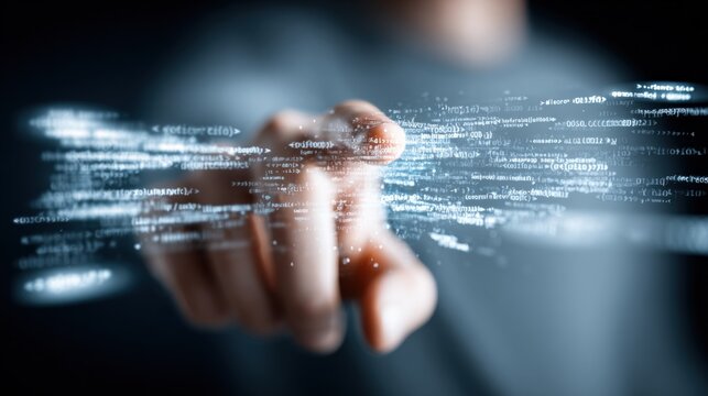 Digital interface technology concept with a person's hand touching virtual data streams and holographic data symbols in futuristic environment
