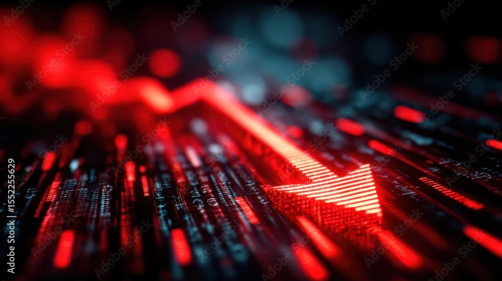 Poster Digital stock market decline trend chart with red downward arrow and futuristic data visualization representing financial loss and market crash