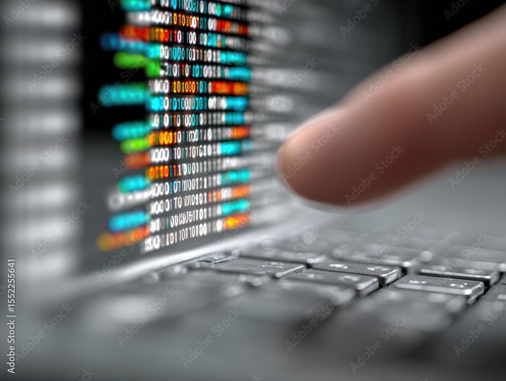 Leinwandbilder Close-up of a person's finger interacting with a digital binary code and programming on a futuristic computer keyboard and screen for cybersecurity and data analysis