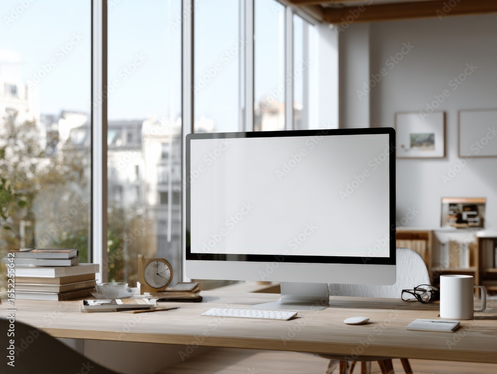 Poster Modern minimalist home workspace with large window natural light desktop computer and tidy organization for remote work or study