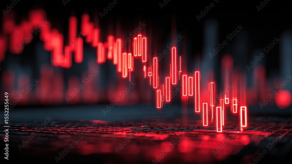 Poster Dynamic Red Financial Chart Showing Market Decline with Volatile Fluctuations and Downward Trend on a Dark Background