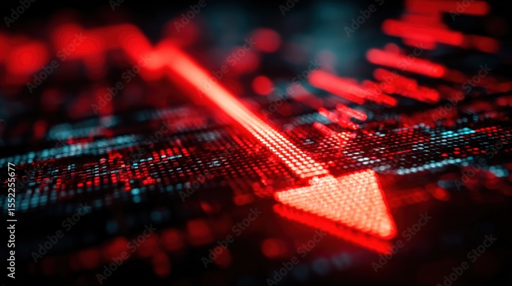 Poster close-up of a vibrant red digital downward trending arrow chart symbolizing decline or decrease in d