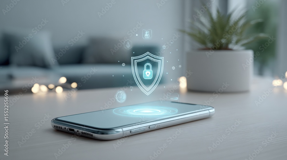 Poster modern smartphone with holographic security shield and digital lock technology on sleek wooden surfa