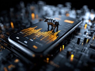 Futuristic digital stock market analysis scene featu a smartphone with a bull figurine overlay and glowing financial data on background screen