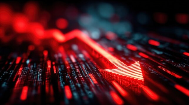 Digital stock market decline trend chart with red downward arrow and futuristic data visualization representing financial loss and market crash