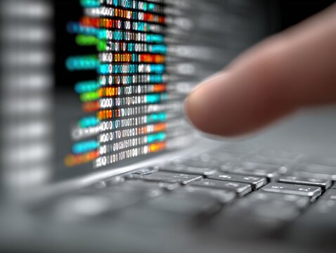 Close-up of a person's finger interacting with a digital binary code and programming on a futuristic computer keyboard and screen for cybersecurity and data analysis