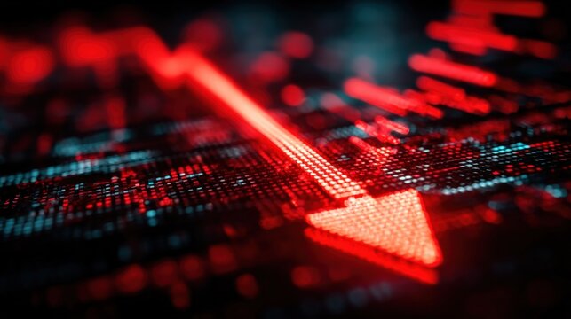 Close-up of a vibrant red digital downward trending arrow chart symbolizing decline or decrease in data or financial markets
