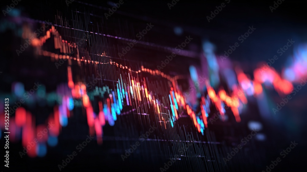 Poster Digital financial chart showing stock market trends with colorful line graphs and data points on dark background for trading analysis