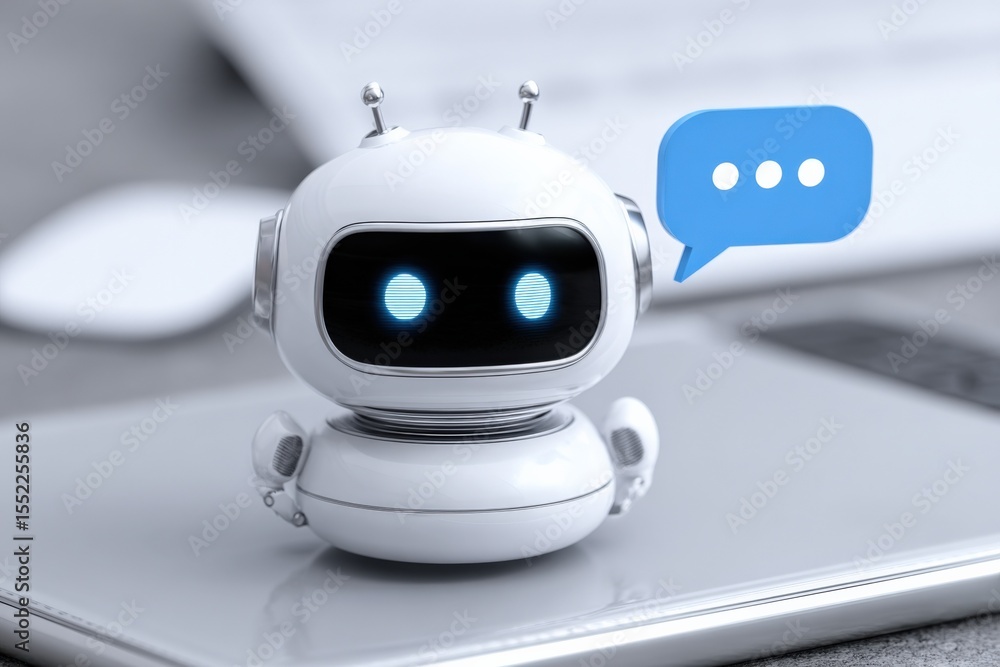 Poster small white robot with blue speech bubble sitting on laptop desk computer technology innovation arti