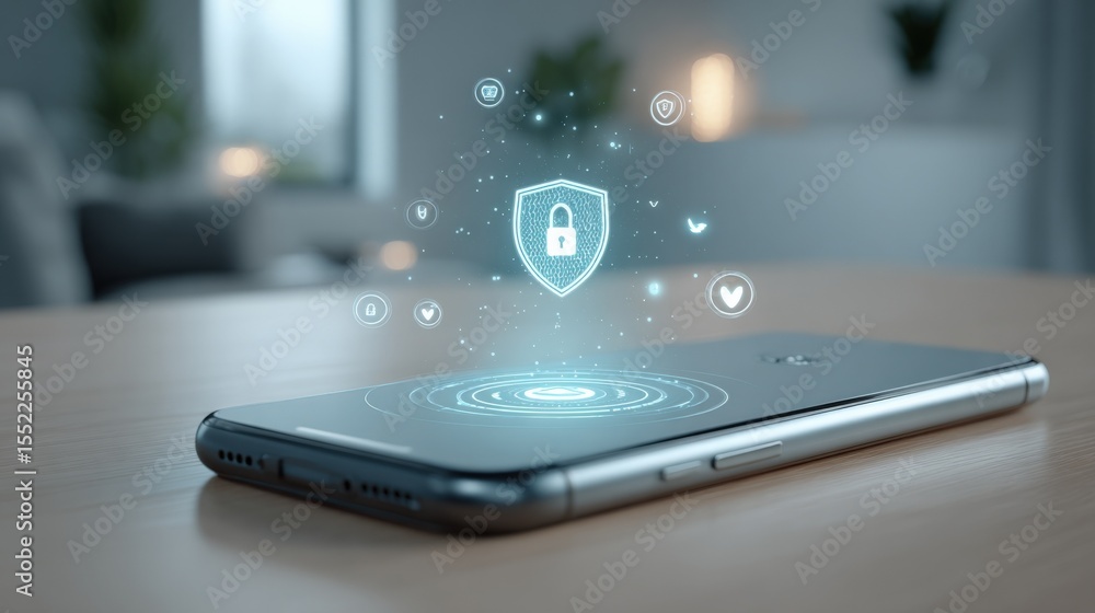 Poster Modern smartphone lying on a wooden table with holographic digital security icons and lock symbols in a futuristic secure data protection concept