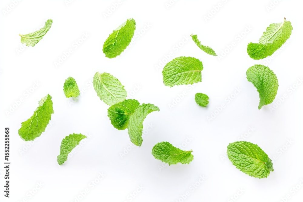 Poster assorted fresh green mint leaves isolated on white background for culinary and herbal use with varie