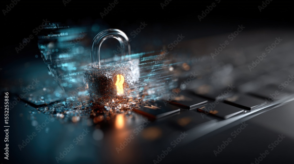 Poster Close-up of a metallic padlock with a glowing keyhole on a dark keyboard keyboard illuminated with blue digital effects representing cybersecurity and data protection technology