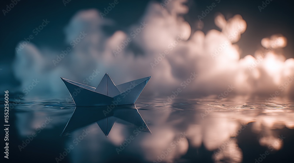 Poster Serene image of a paper boat floating on calm water with dramatic clouds and sunset sky in the background creating a peaceful and reflective atmosphere