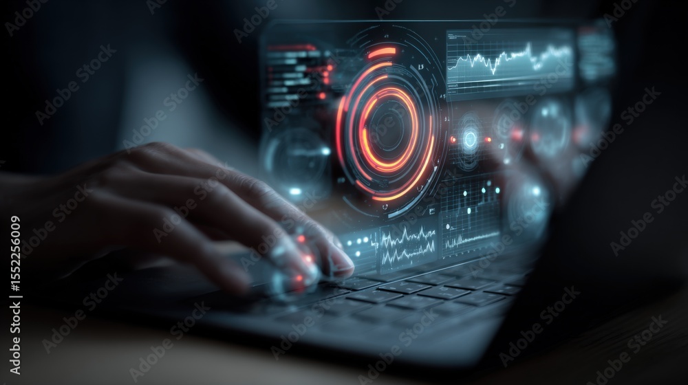 Aufkleber High-tech futuristic digital interface with glowing holographic data charts and a human hand interacting on a dark computer screen