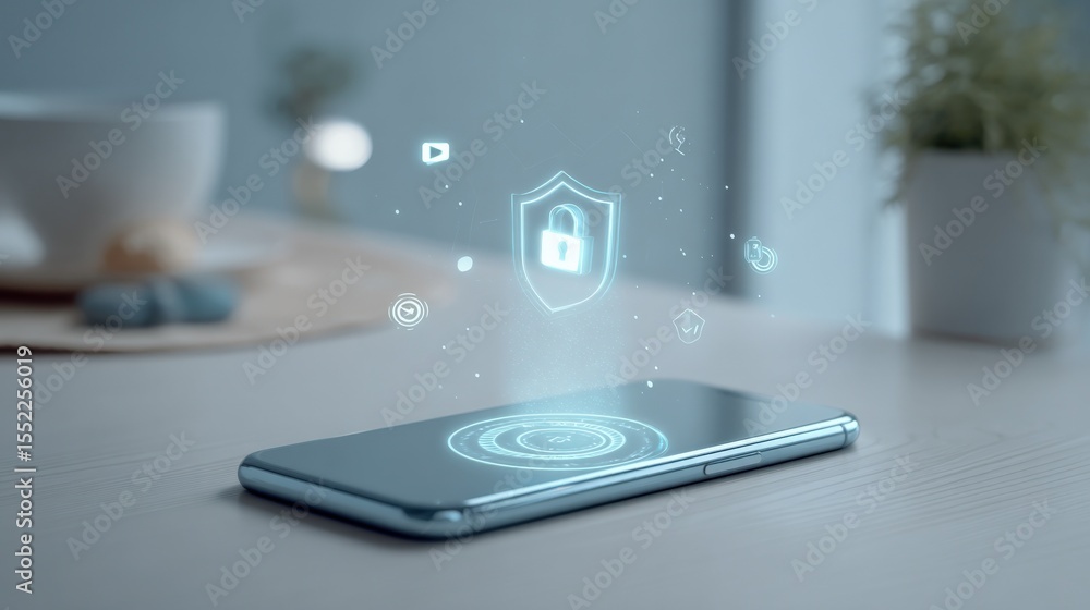 Poster modern smartphone with digital security lock icon and holographic data protection illustration on sc