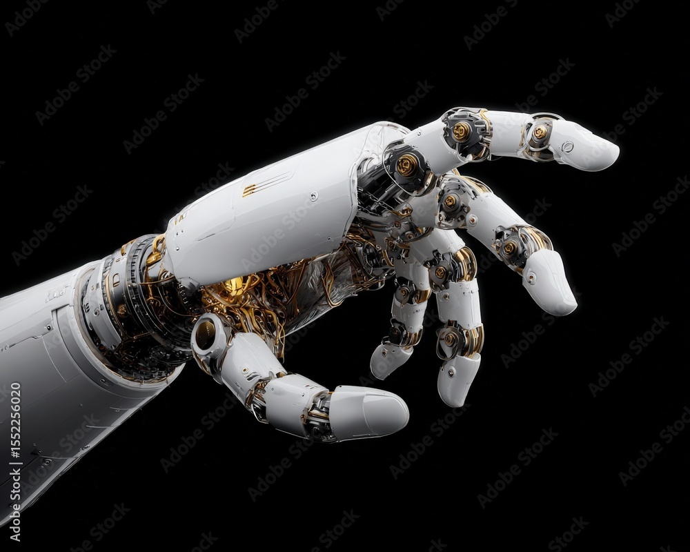 Poster highly detailed futuristic robotic hand with white outer and exposed mechanical joints on a black ba