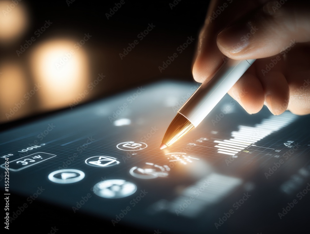 Poster Person Using Digital Pen on Touchscreen Device with Charts Graphs and Analytics in a Modern Workspace Environment