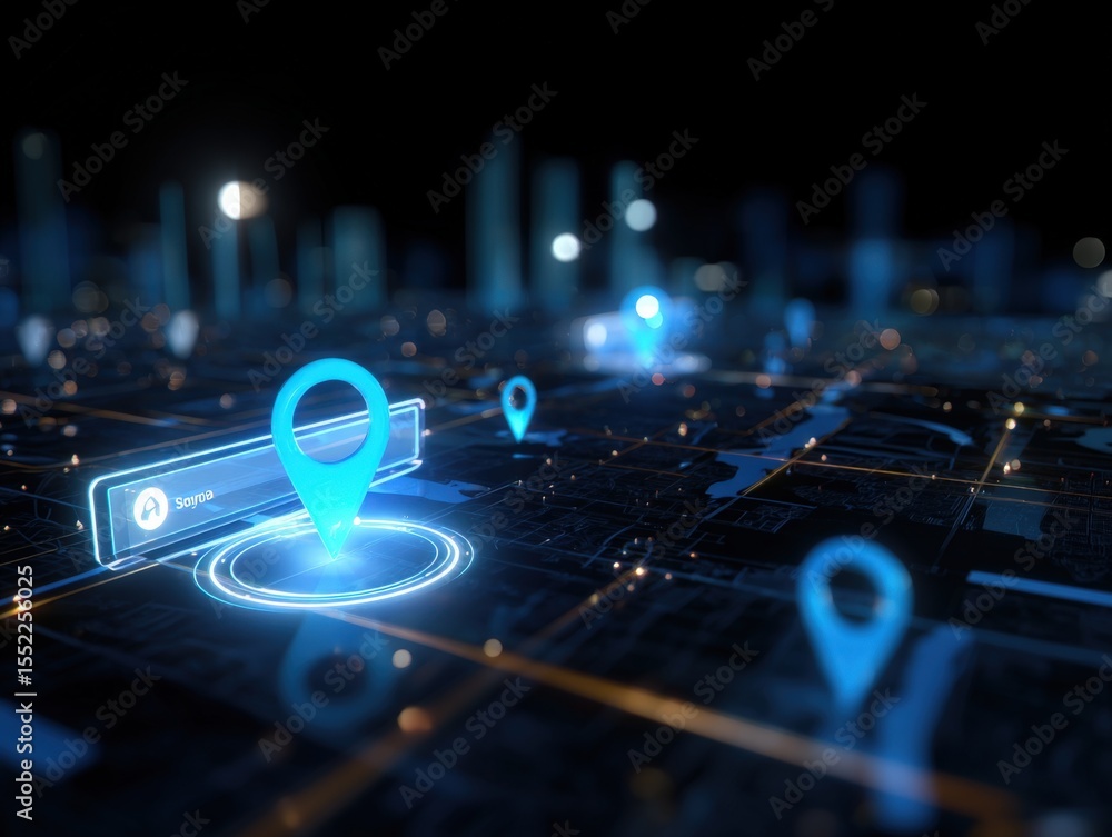 Poster Futuristic Digital Map with Glowing Location Pins and Network Connections Over a Dark Cityscape Background for Navigation Technology
