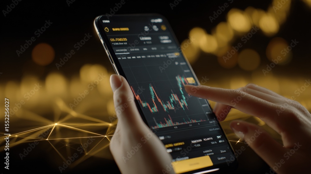 Aufkleber close-up of a person's hand holding a smartphone displaying financial stock market charts and data w