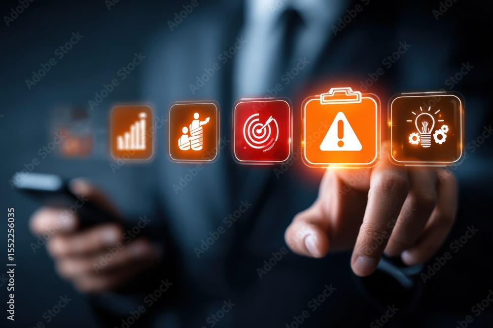 Poster businessman in formal suit pointing at glowing digital warning and alert icons on smartphone screen 
