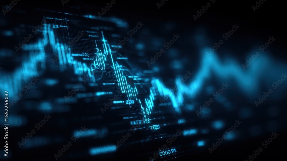 Poster High Tech Digital Data Market Graph Chart with Fluctuating Trends and Financial Market Statistics in Futuristic Blue Digital Environment