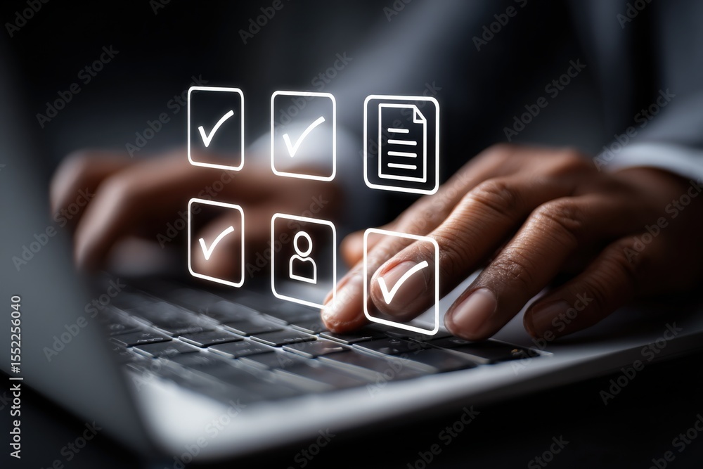 Poster Close-up of a person's hand selecting options on a digital touchscreen interface with checkboxes and icons for task management and organization