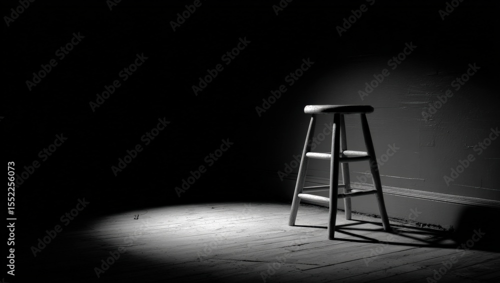 Aufkleber Empty Wooden Stool in Spotlight on Dark Stage with Shadow and Texture Background for Theater or Performance Art Photography