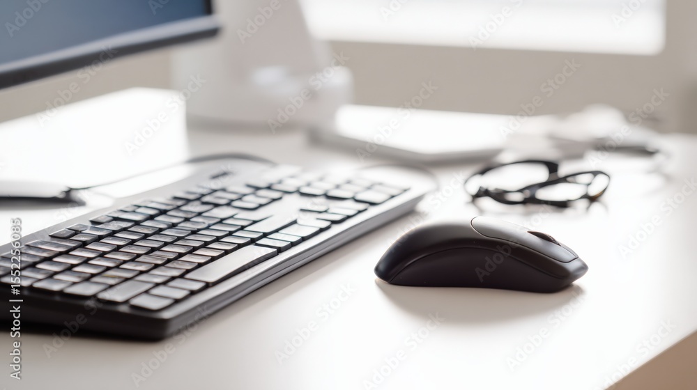 Aufkleber Modern sleek workspace with computer keyboard mouse glasses and laptop on clean minimalist office desk for productivity and work environment