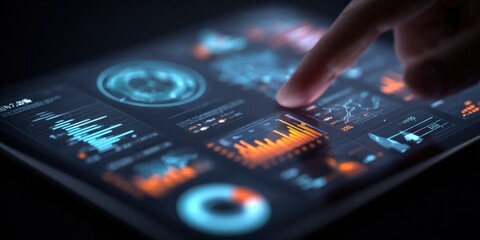 Innovative digital tablet interface displaying data analytics charts graphs and futuristic user interaction with touchscreen technology