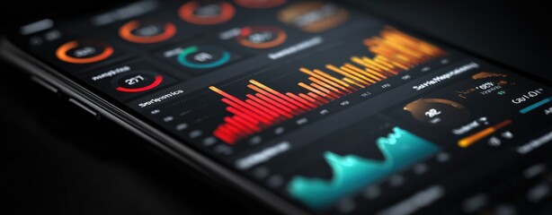 Smartphone displaying colorful digital graph with data analytics and financial charts in a modern technology environment