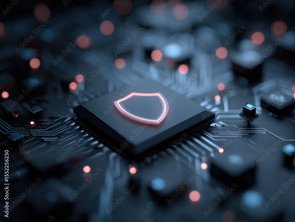 Poster Close-up of a modern computer circuit board with protective shield emblem illuminated, showing intricate electronic components and glowing connections