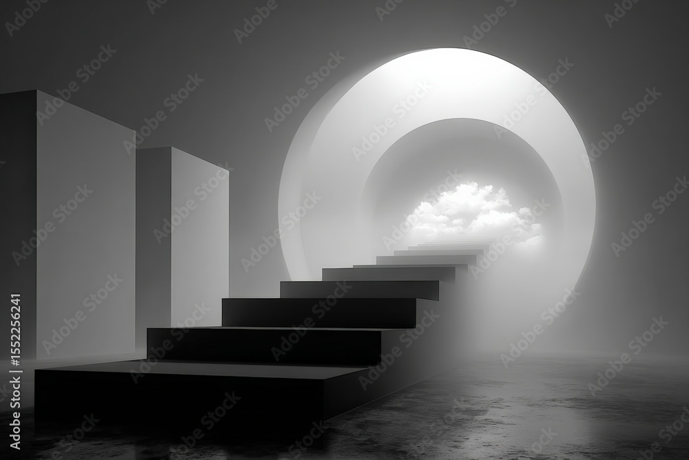 Aufkleber Modern black staircase with floating steps leading through circular architectural tunnel with clouds and sky view in monochrome style
