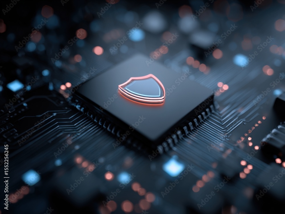 Leinwandbilder High-tech computer circuit board with a security shield icon illuminated in a digital environment illustrating cybersecurity and data protection concepts