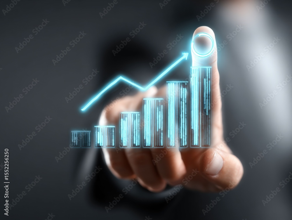 Poster Modern business hand holding digital glowing chart graph showing growth and increase in financial success with upward arrow and data visualization