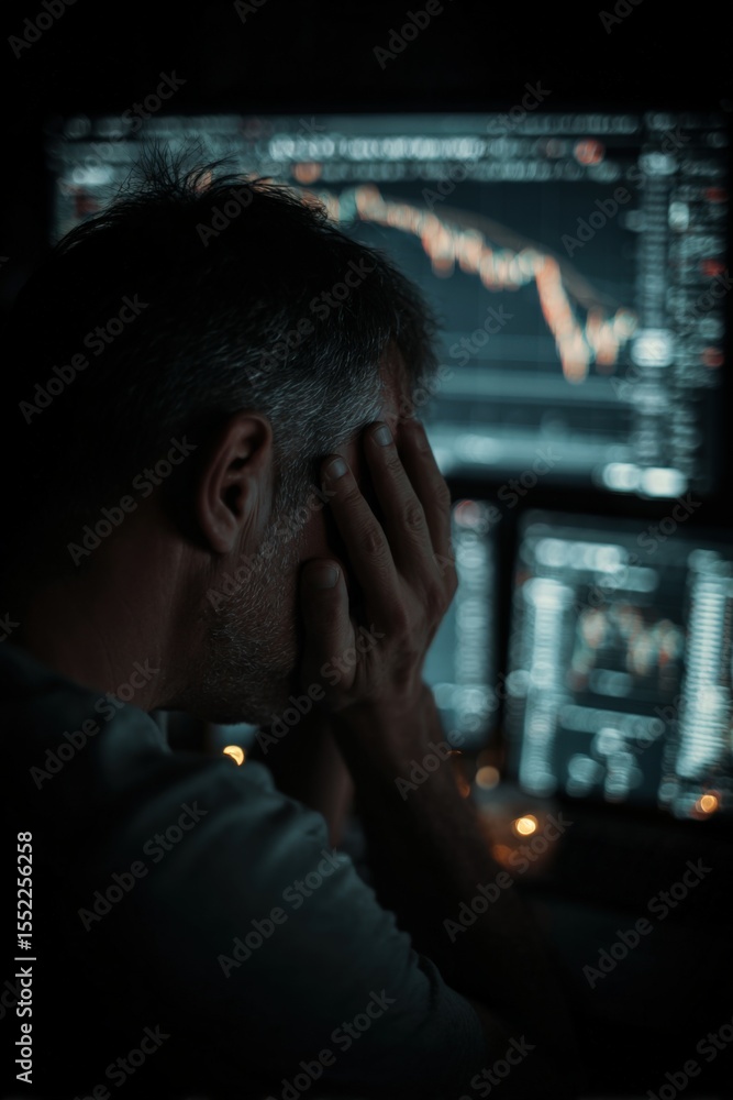 Poster businessman experiencing stress analyzing stock market data on multiple monitors with financial grap