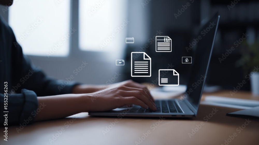 Aufkleber Modern digital workspace with hands typing on laptop computer surrounded by floating file documents and icons for technology and data sha