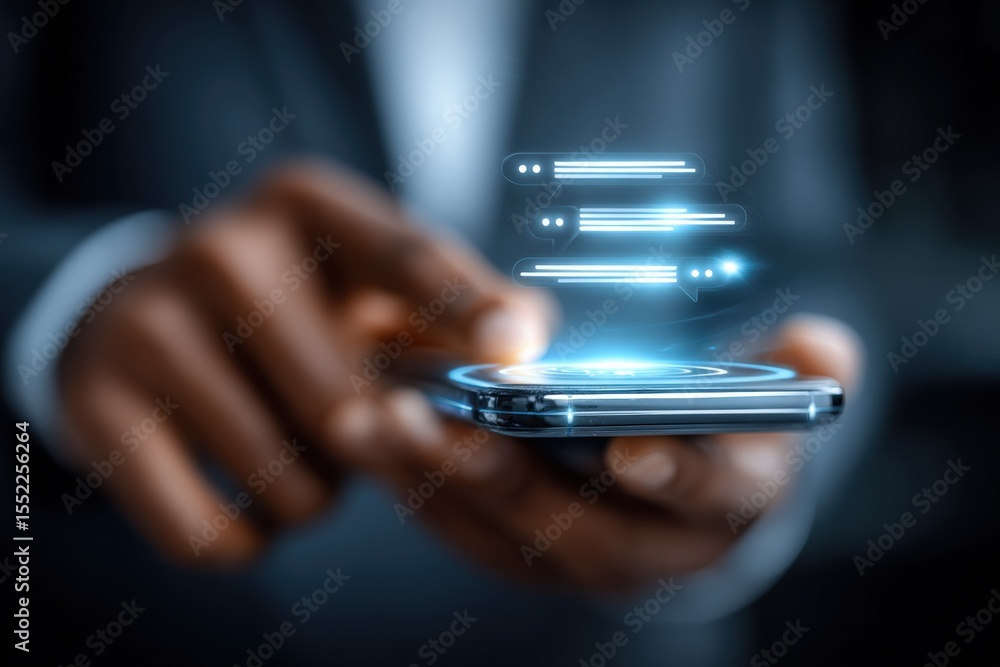 Aufkleber Futuristic digital hologram interface projecting glowing data streams from a smartphone with a person's hand in business attire, innovative technology concept