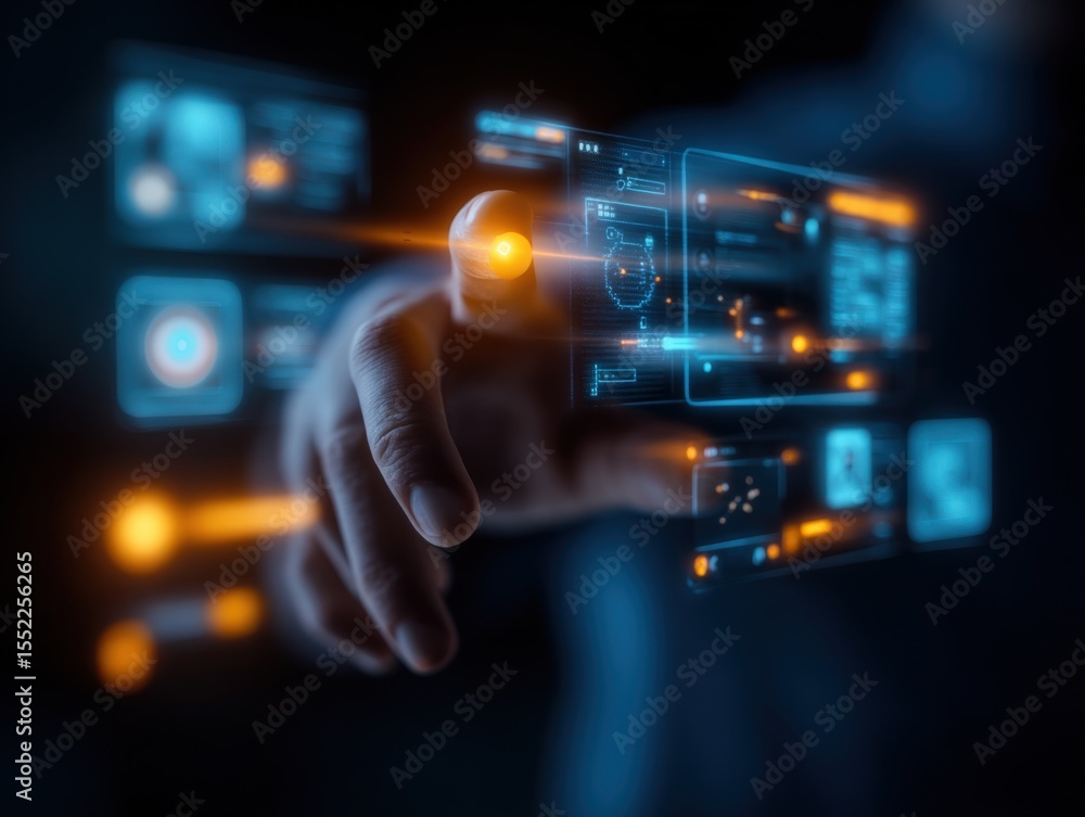 Poster Futuristic digital interface with holographic data displays and glowing holograms being manipulated by hand in a high-tech environment