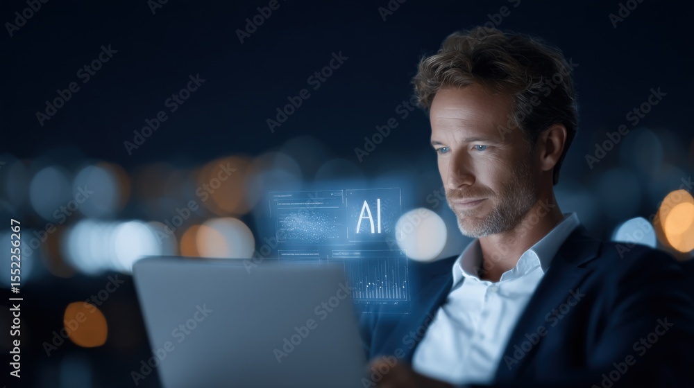 Poster Businessman using tablet at night with holographic AI and technology interface on digital screen for artificial ligence innovation and future trends