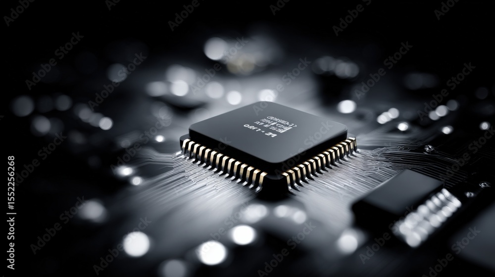 Leinwandbilder Close-up of a modern computer microprocessor chip with intricate circuitry on a circuit board illuminated by soft light