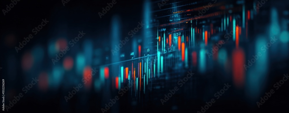 Poster financial market data chart with digital graphs and trend lines showing stock market performance and