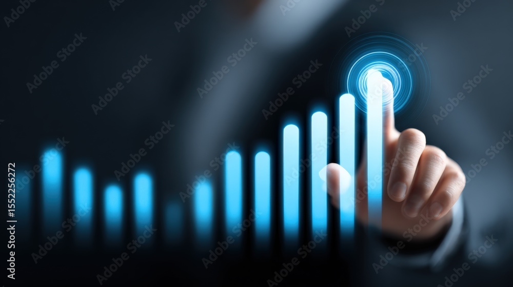 Poster Businessman touching glowing digital growth chart with upward arrow representing financial success and data analysis in a futuristic workspace