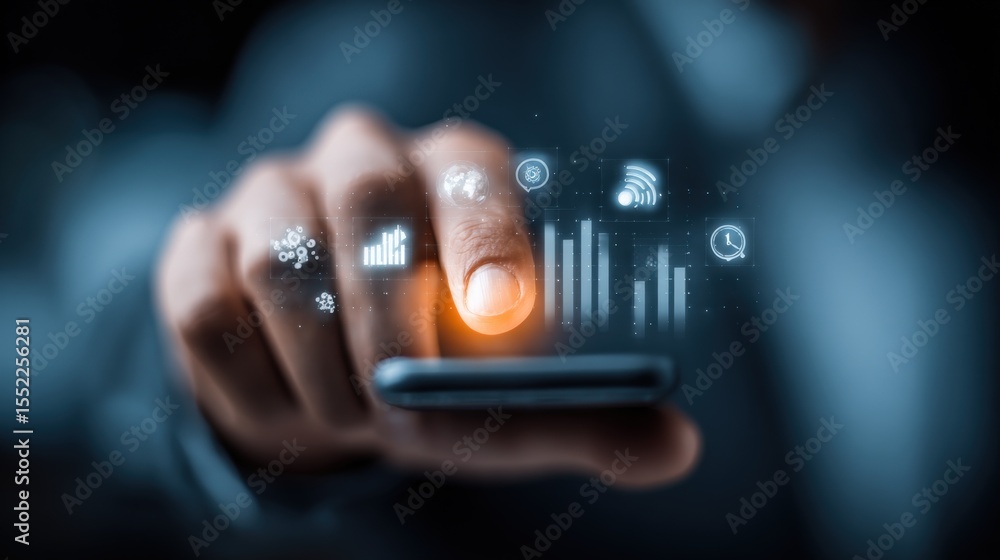 Leinwandbilder Close-up of a person using a smartphone with digital icons floating above the screen representing technology and connectivity concepts