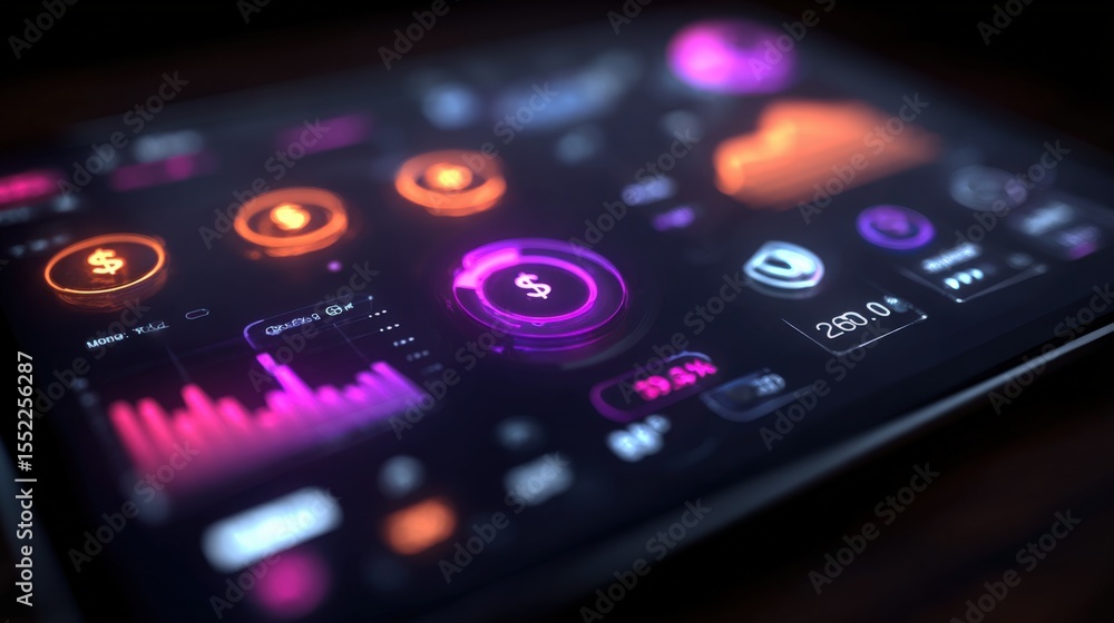 Poster High Tech Digital Financial Trading Application Screen with Colorful Graphs and Data Visualization on Mobile Device
