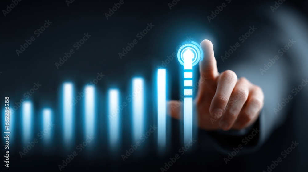Aufkleber Digital Technology Concept with Hand Touching Rising Signal Bar in a Futuristic Data Network Interface Illustration