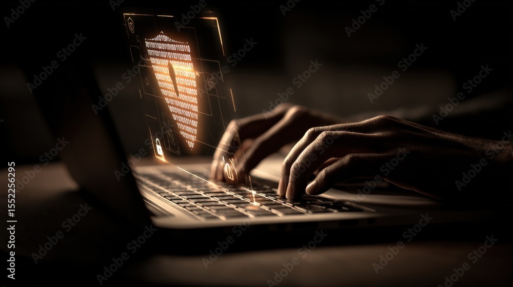 Aufkleber Highly detailed image of human hands typing on a modern laptop computer with futuristic digital interface visuals for hacking or cybersecurity concept